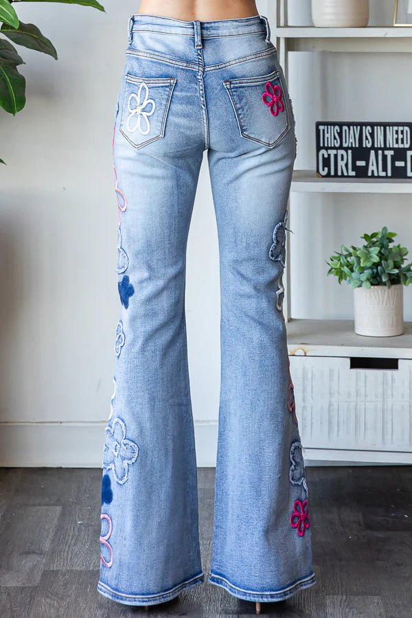 Washed Flower Embroidery Denim Pant - Lush Lemon - Women's Clothing - Oli & Hali - 54192351094749