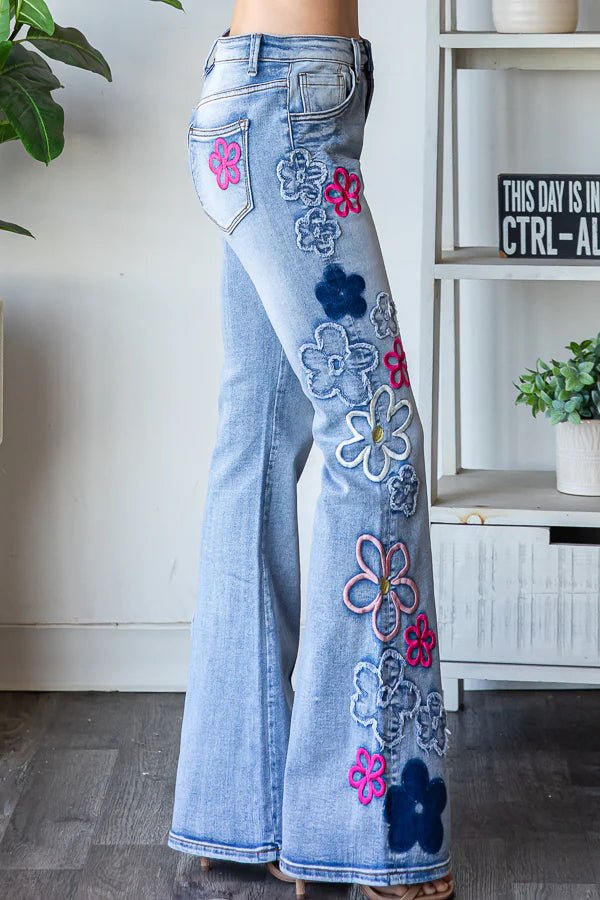 Washed Flower Embroidery Denim Pant - Lush Lemon - Women's Clothing - Oli & Hali - 54192351094749
