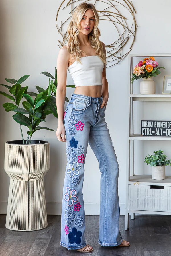 Washed Flower Embroidery Denim Pant - Lush Lemon - Women's Clothing - Oli & Hali - 54192351094749