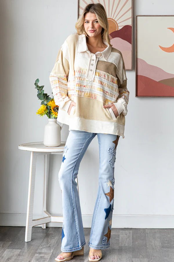 Washed Mixed Fabric Button Collar Top - Lush Lemon - Women's Clothing - Oli & Hali - 36623971047869