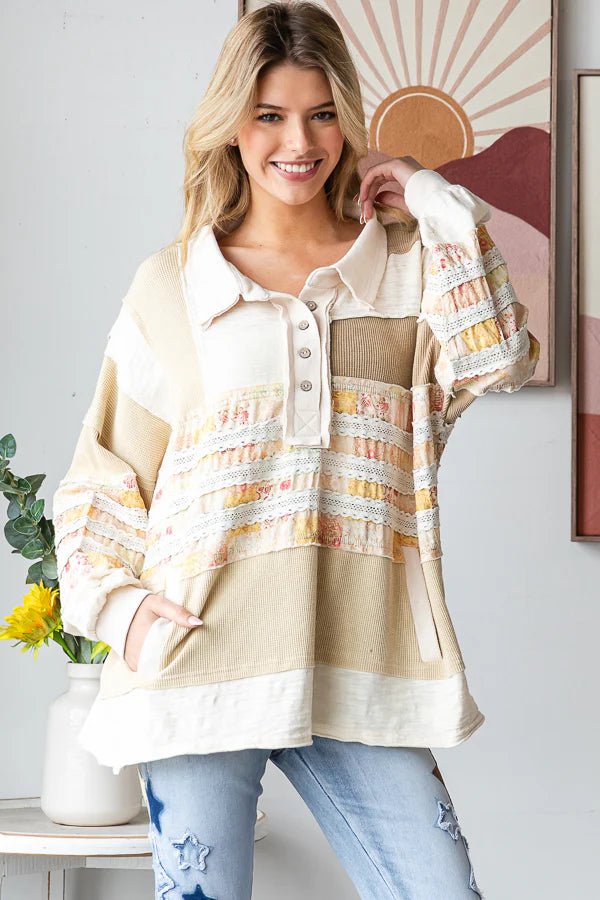 Washed Mixed Fabric Button Collar Top - Lush Lemon - Women's Clothing - Oli & Hali - 36623971047869