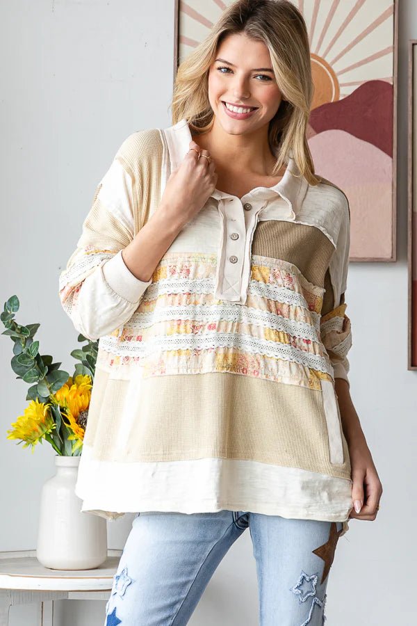 Washed Mixed Fabric Button Collar Top - Lush Lemon - Women's Clothing - Oli & Hali - 36623971047869