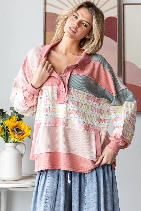 Washed Mixed Fabric Button Collar Top - Lush Lemon - Women's Clothing - Oli & Hali - 36623971478941