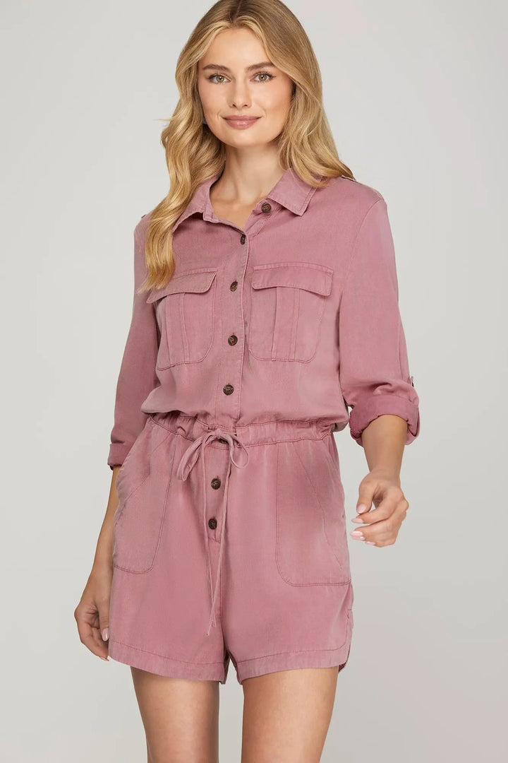 Washed Utility Button Romper - Lush Lemon - Romper - She + Sky - 39087871308349