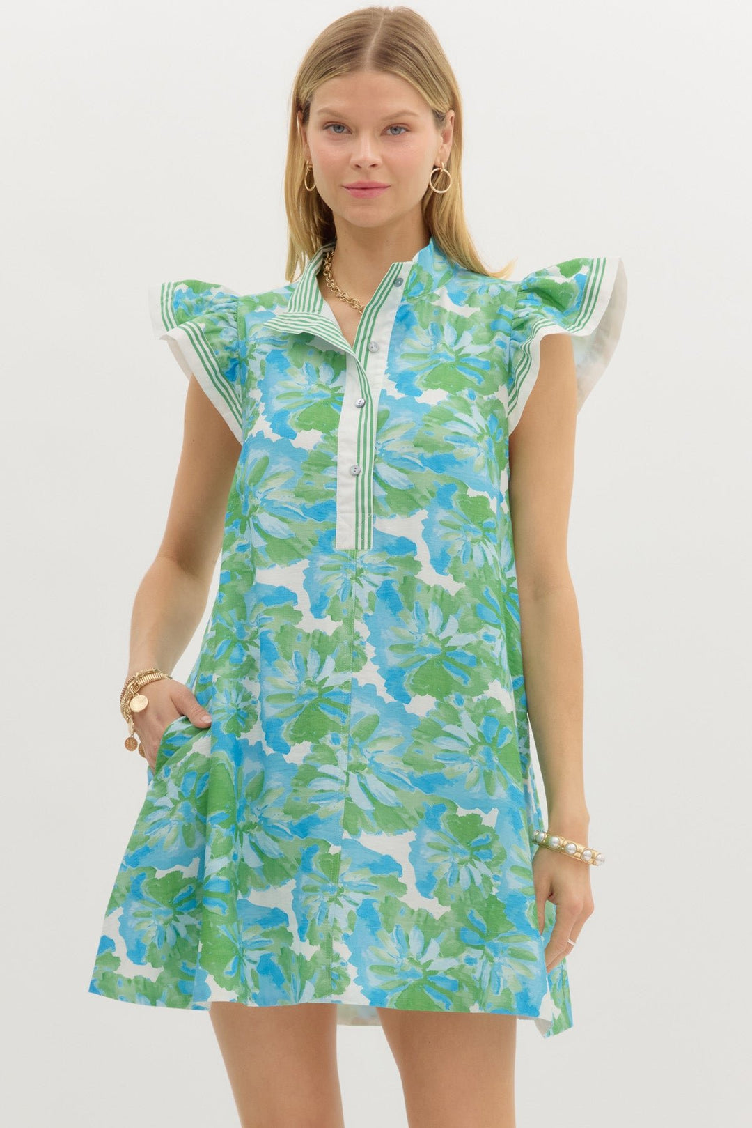 Watercolor Floral Flutter Dress - Lush Lemon - Women's Clothing - Entro - 83032043176285