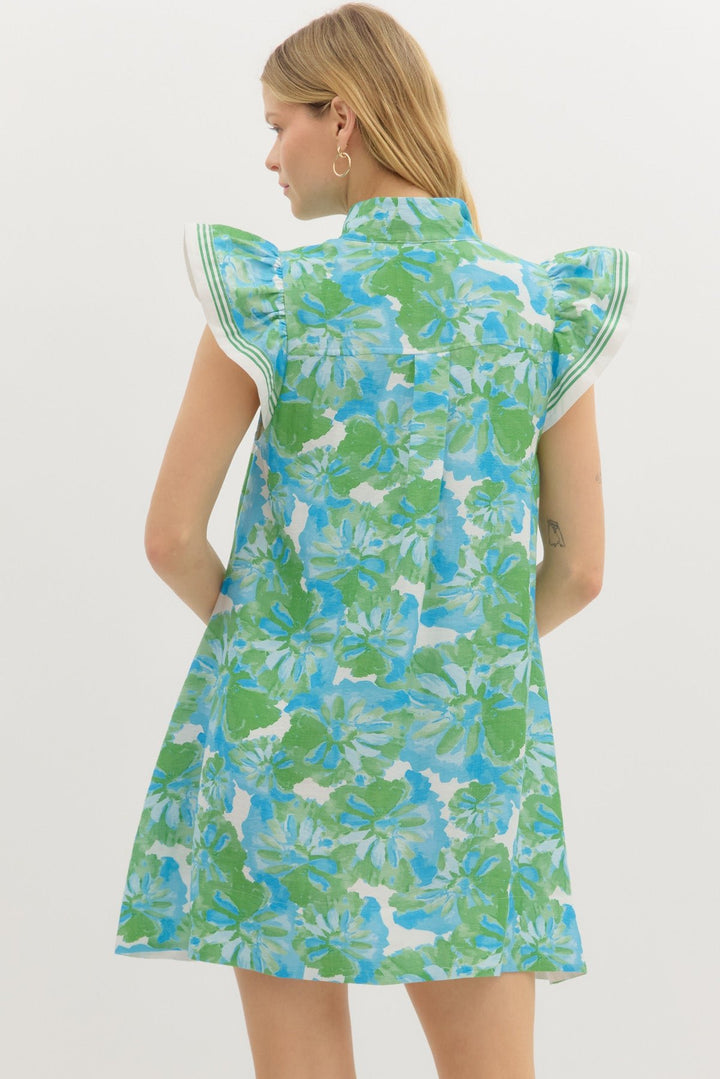 Watercolor Floral Flutter Dress - Lush Lemon - Women's Clothing - Entro - 83032043176285
