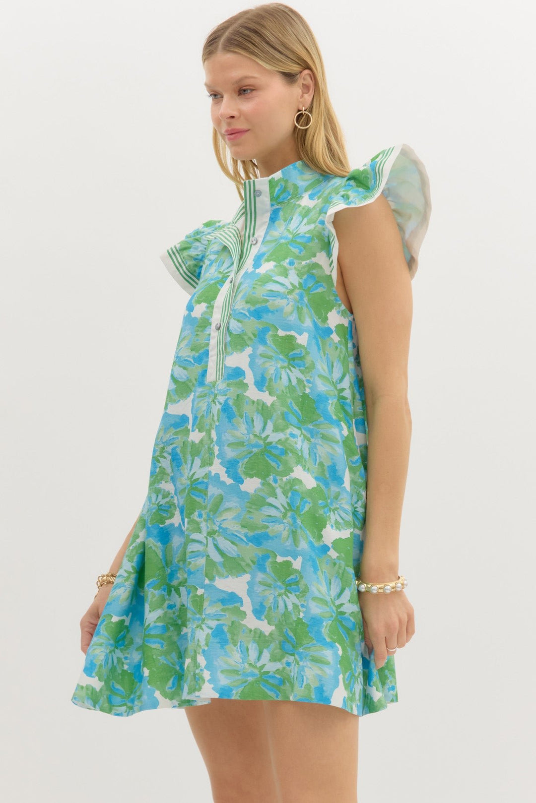 Watercolor Floral Flutter Dress - Lush Lemon - Women's Clothing - Entro - 83032043176285
