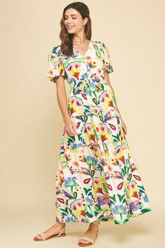Watercolor Floral Maxi Dress W/Belt - Lush Lemon - Women&