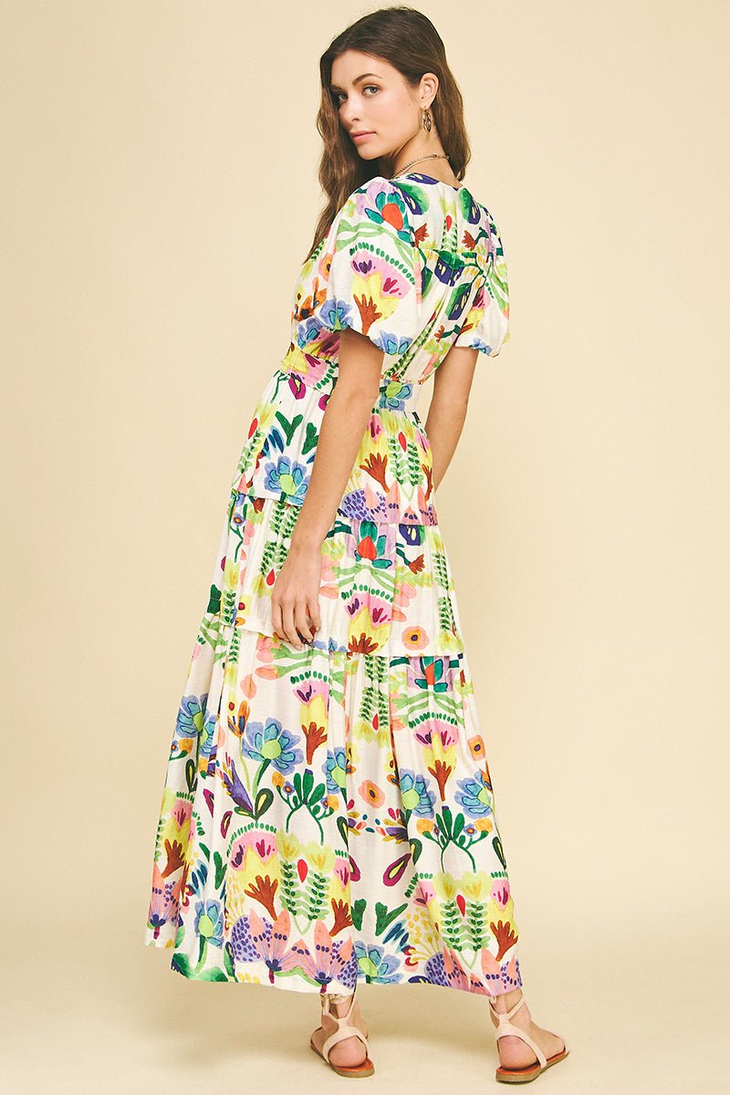 Watercolor Floral Maxi Dress W/Belt - Lush Lemon - Women's Clothing - Pinch - 84660611014973
