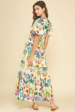 Watercolor Floral Maxi Dress W/Belt - Lush Lemon - Women&
