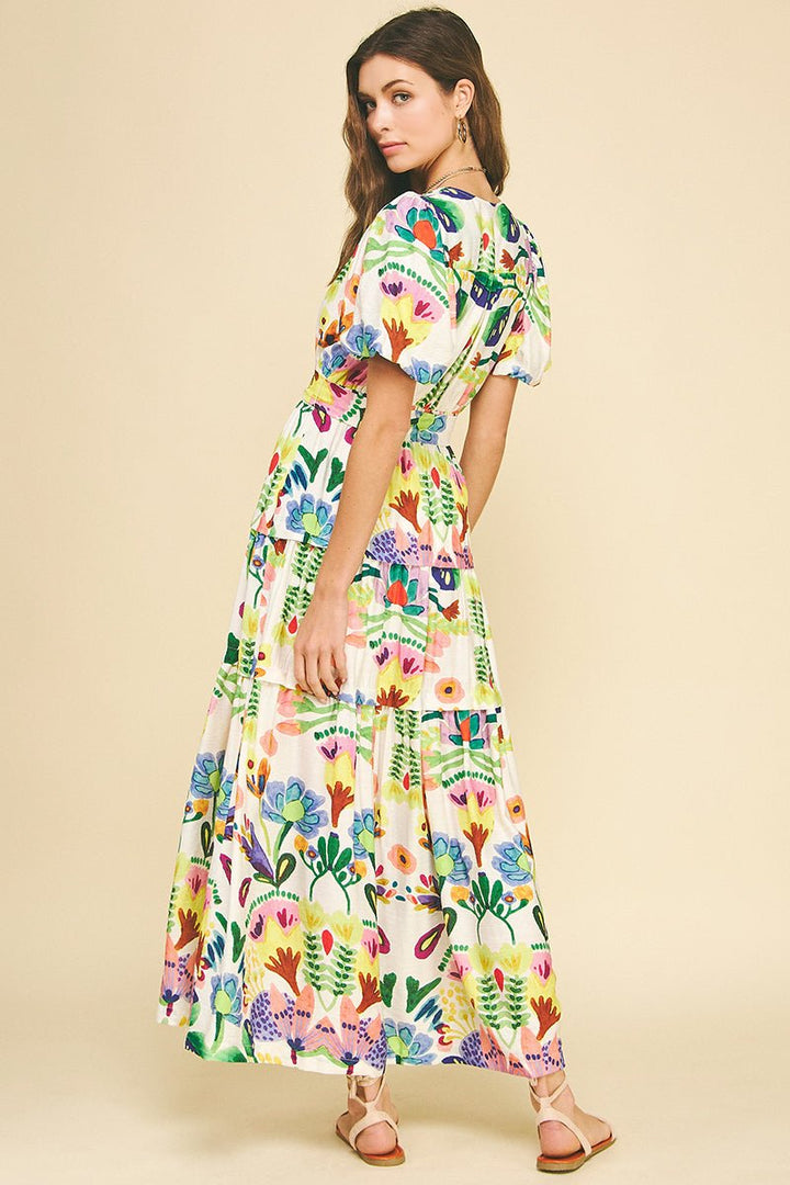 Watercolor Floral Maxi Dress W/Belt - Lush Lemon - Women's Clothing - Pinch - 84660611014973