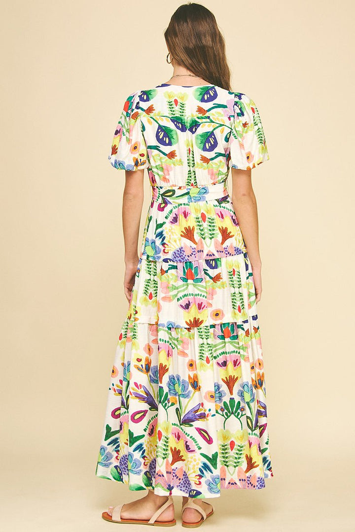 Watercolor Floral Maxi Dress W/Belt - Lush Lemon - Women's Clothing - Pinch - 84660611014973