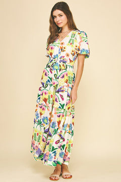 Watercolor Floral Maxi Dress W/Belt - Lush Lemon - Women&