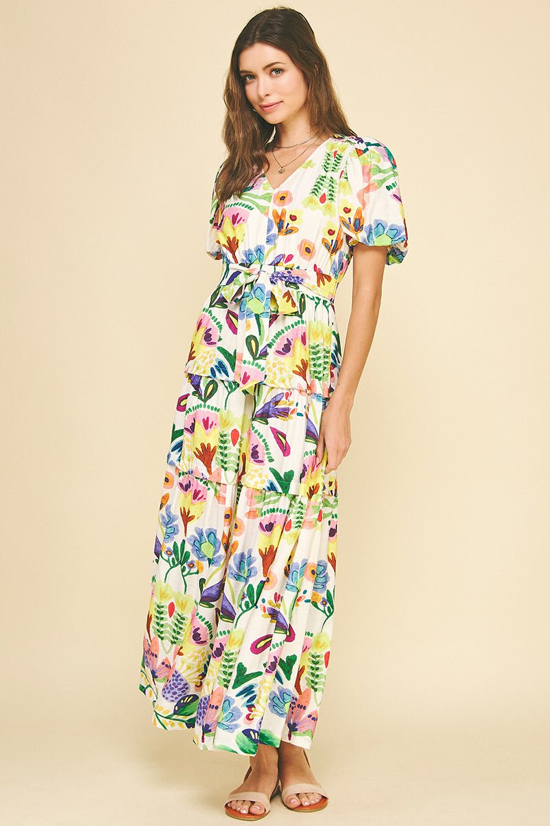 Watercolor Floral Maxi Dress W/Belt - Pinch - Lush Lemon Ivory/Blue / L Watercolor Floral Maxi Dress W/Belt - Pinch - Lush Lemon Ivory/Blue / L
