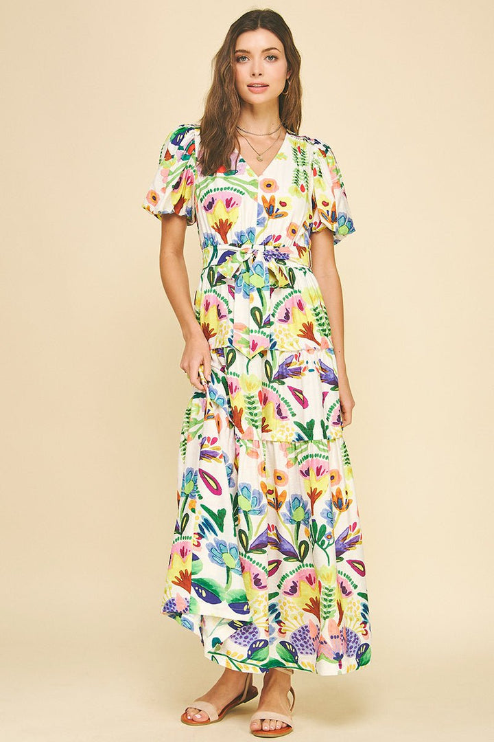 Watercolor Floral Maxi Dress W/Belt - Lush Lemon - Women's Clothing - Pinch - 84660611014973