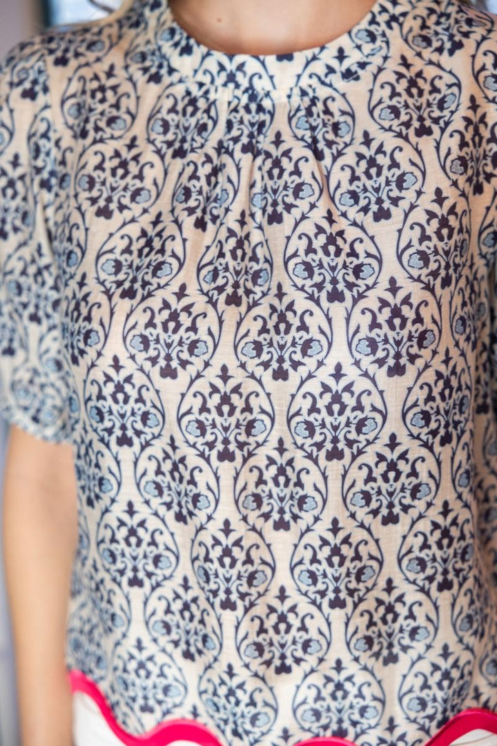 Wavy Contrast Hemline Short Sleeve Printed Top - Lush Lemon - Women's Clothing - Voy - 77151791059805