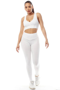 White Activewear Crop Top &amp; Leggings Set - Lush Lemon - Women&