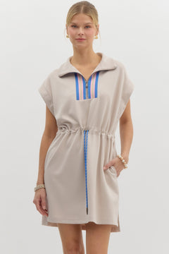 Zip Front Drawstring Waist Mini Dress - Lush Lemon - Women&