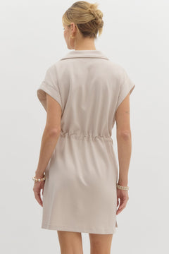 Zip Front Drawstring Waist Mini Dress - Lush Lemon - Women&