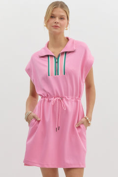 Zip Front Drawstring Waist Mini Dress - Lush Lemon - Women&