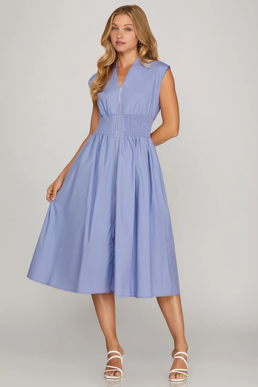 Zip Front Midi Dress W/Smocked Waist - Lush Lemon - Women's Clothing - She + Sky - 35032821974077