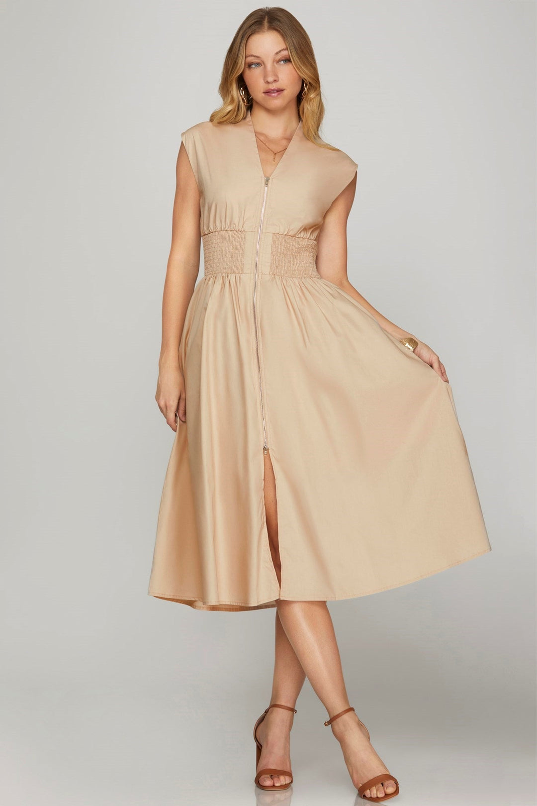 Zip Front Midi Dress W/Smocked Waist - Lush Lemon - Women's Clothing - She + Sky - 75505903129725