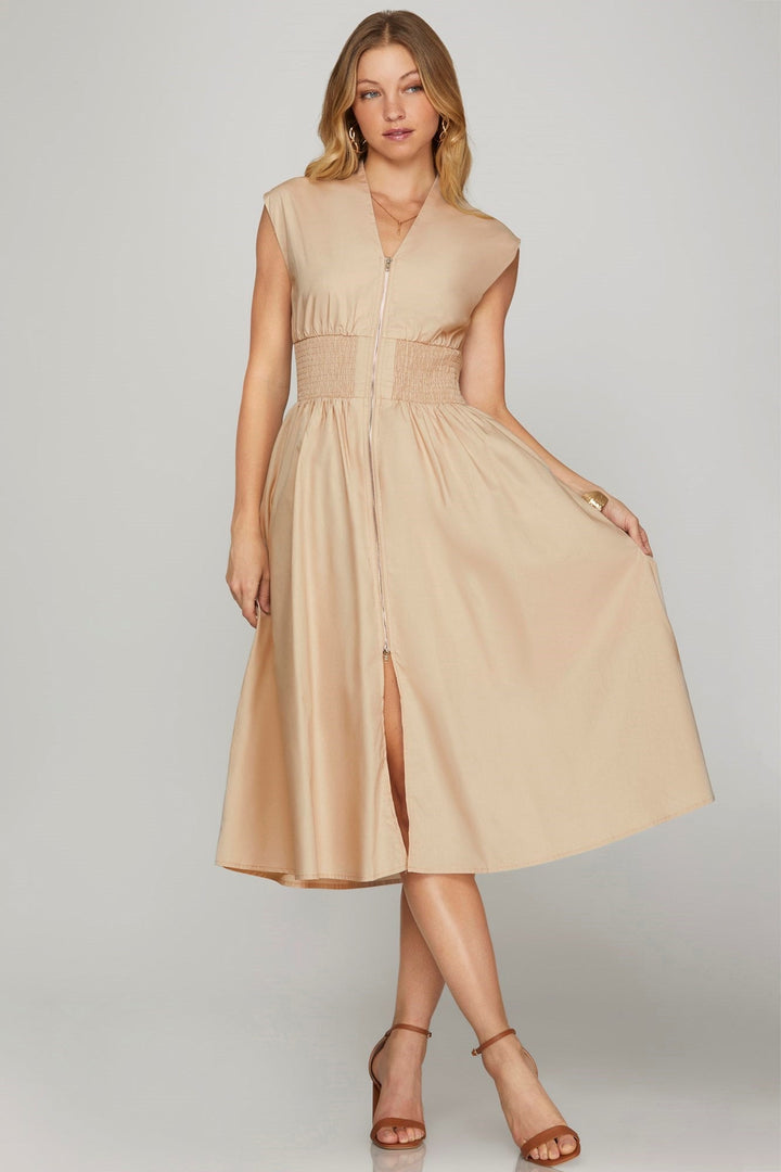 Zip Front Midi Dress W/Smocked Waist - Lush Lemon - Women's Clothing - She + Sky - 75505903129725