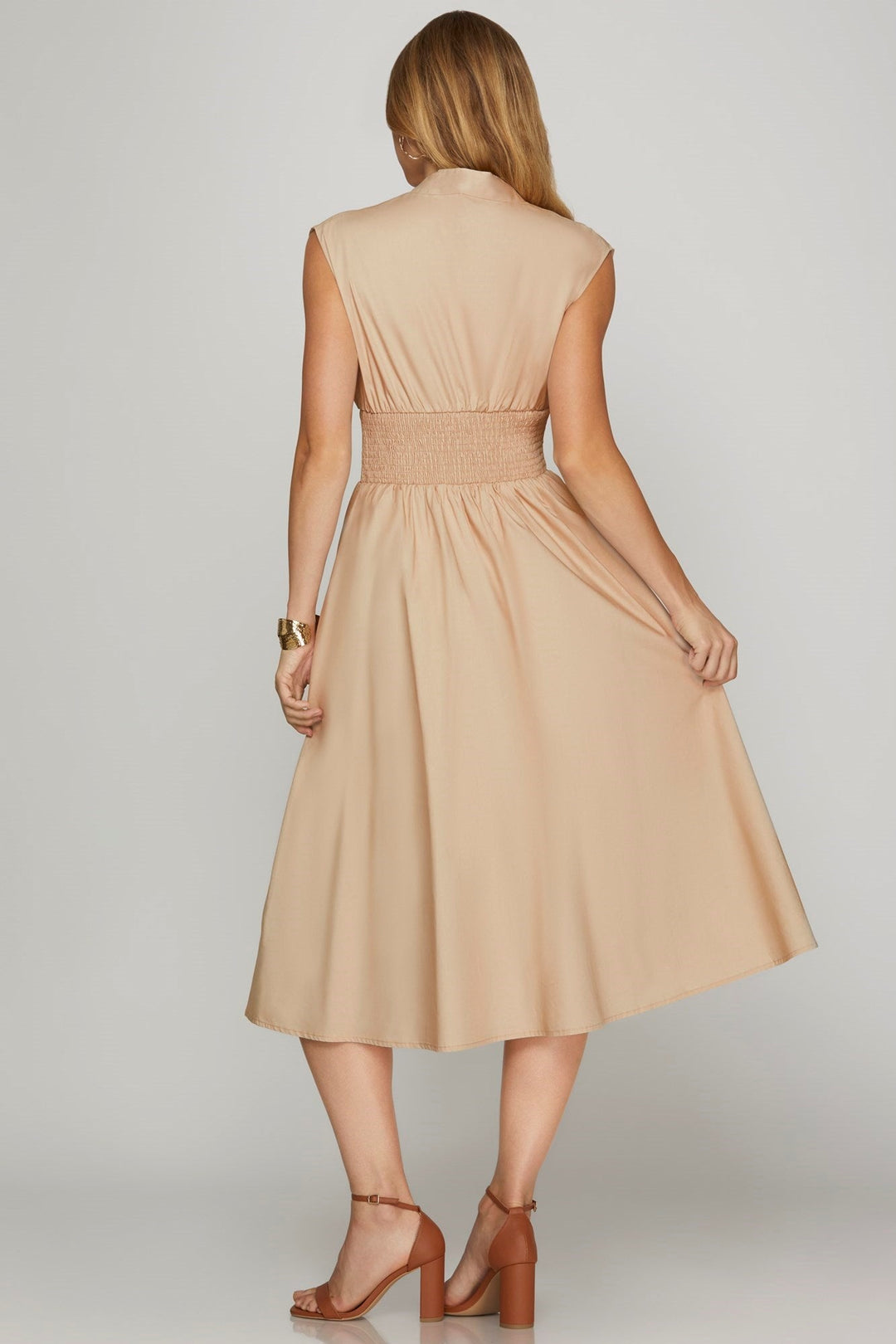 Zip Front Midi Dress W/Smocked Waist - Lush Lemon - Women's Clothing - She + Sky - 75505903129725