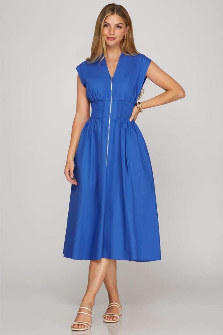 Zip Front Midi Dress W/Smocked Waist - Lush Lemon - Women's Clothing - She + Sky - 75505903428029