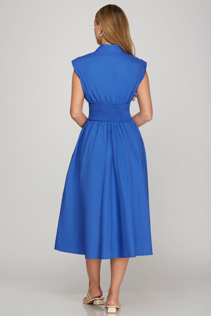 Zip Front Midi Dress W/Smocked Waist - Lush Lemon - Women's Clothing - She + Sky - 75505903428029