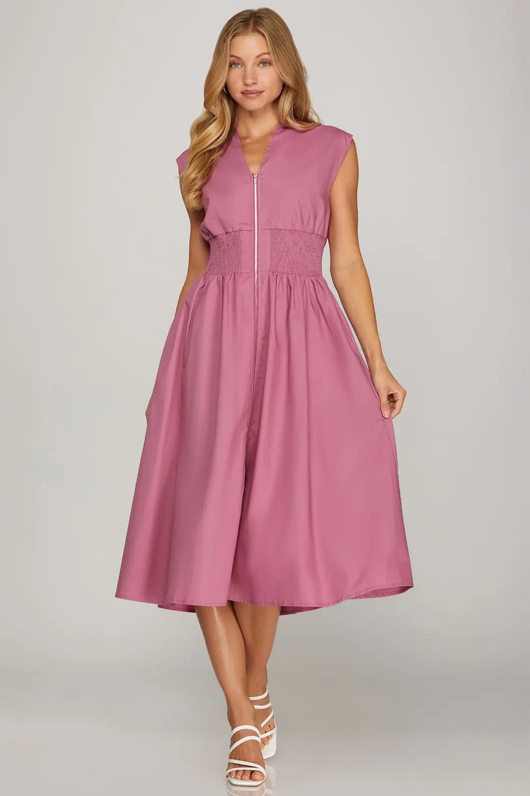 she and sky dress Zip Front Midi Dress W/Smocked Waist - She + Sky