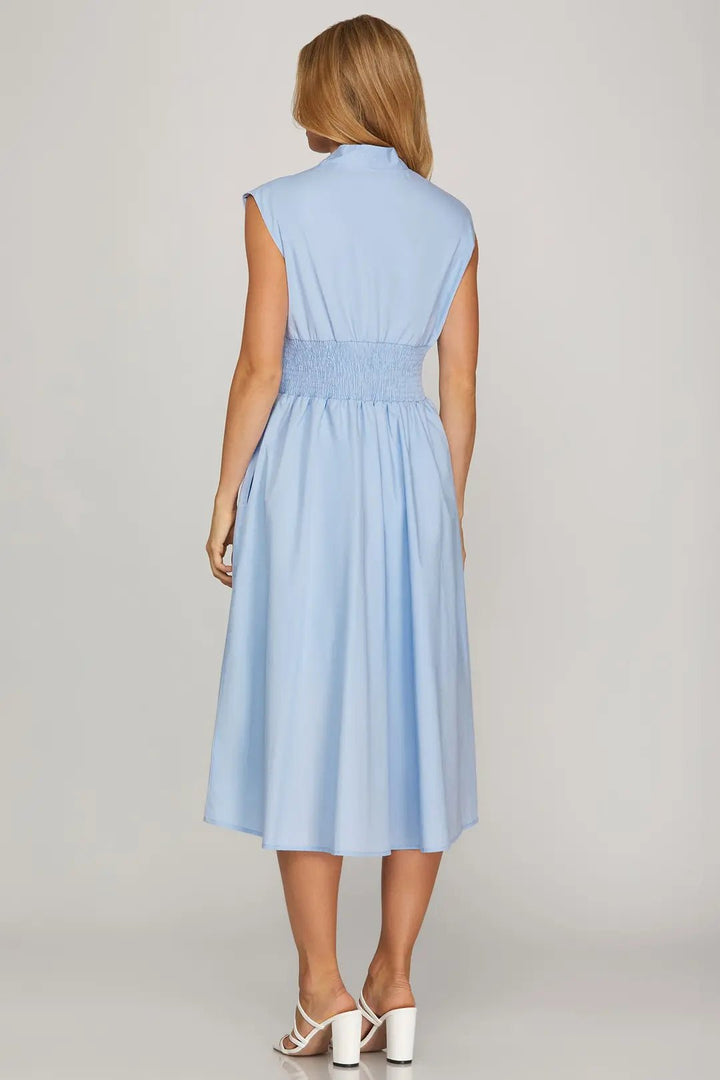 Zip Front Midi Dress W/Smocked Waist - Lush Lemon - Women's Clothing - She + Sky - 