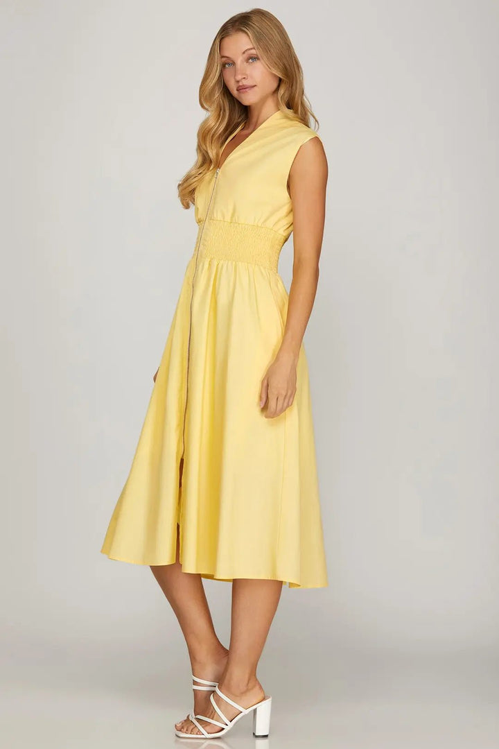 Zip Front Midi Dress W/Smocked Waist - Lush Lemon - Women's Clothing - She + Sky - 
