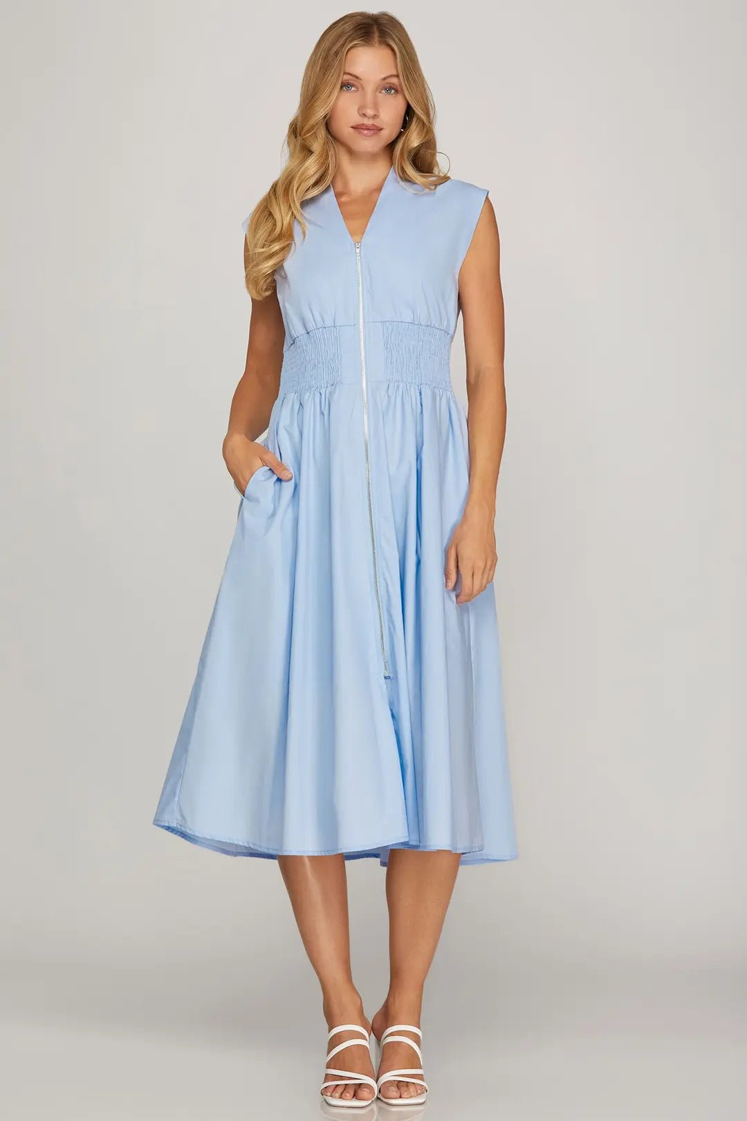 Zip Front Midi Dress W/Smocked Waist - Lush Lemon - Women's Clothing - She + Sky - 