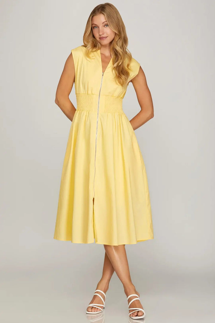 Zip Front Midi Dress W/Smocked Waist - Lush Lemon - Women's Clothing - She + Sky - 