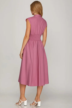 Zip Front Midi Dress W/Smocked Waist - Lush Lemon - Women&