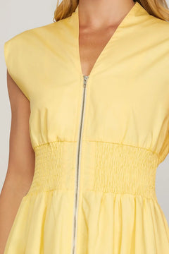 Zip Front Midi Dress W/Smocked Waist - Lush Lemon - Women&