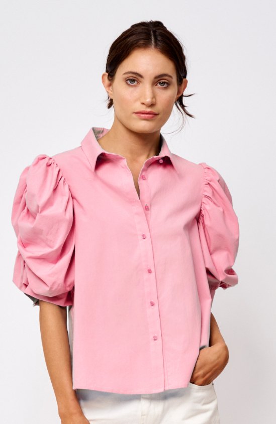 Afina Exaggerated Puff Sleeve Button Down - Lush Lemon - Women's Clothing - Ciebon - 13057