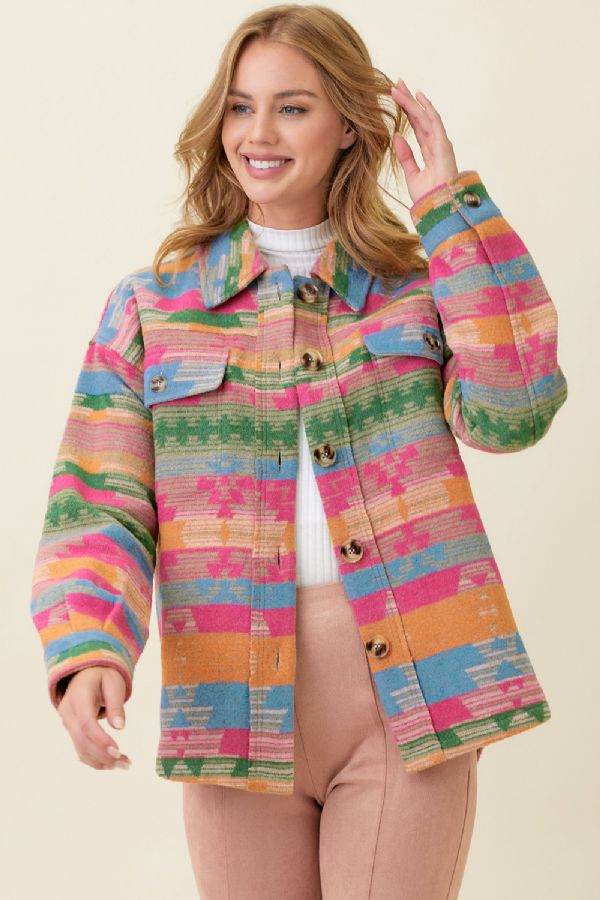 Aztec Shirt Jacket - Lush Lemon - Women's Clothing - Mystree - 601851