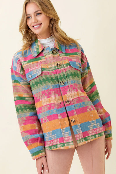 Aztec Shirt Jacket - Lush Lemon - Women's Clothing - Mystree - 601851