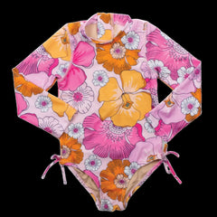 Blooming Hibiscus Girls One Piece Long Sleeve Swimsuit - Lush Lemon - Children&