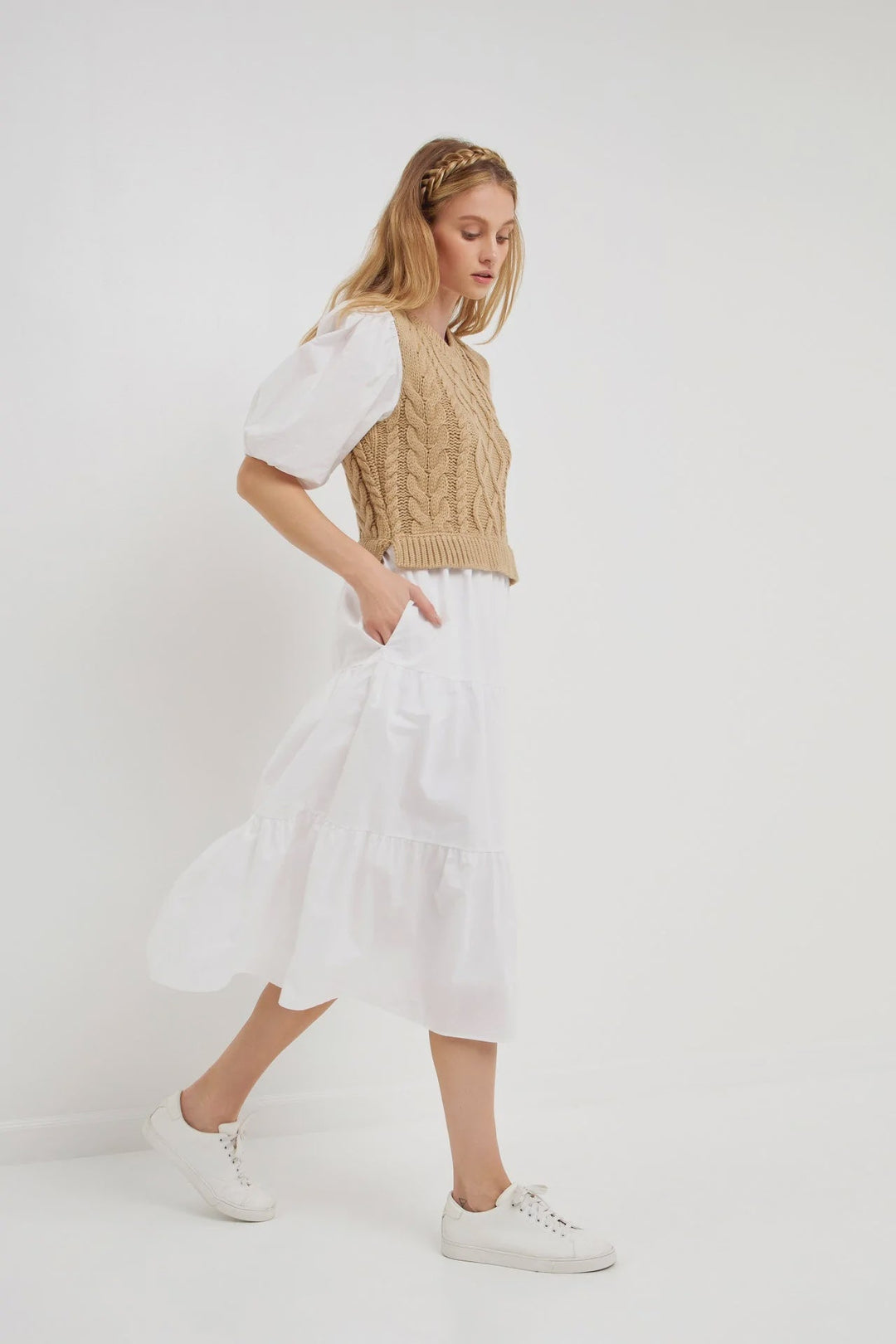 Cable Knit Down Midi Dress - Lush Lemon - Women's Clothing - English Factory - 11493