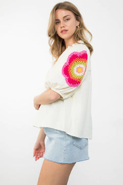 Crochet Detail Puff Sleeve Top - Lush Lemon - Women&