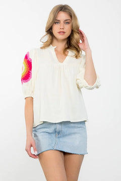 Crochet Detail Puff Sleeve Top - Lush Lemon - Women&