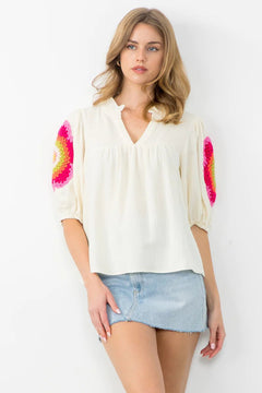 Crochet Detail Puff Sleeve Top - Lush Lemon - Women&