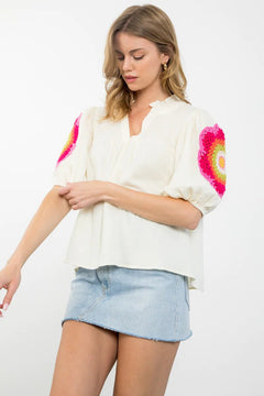 Crochet Detail Puff Sleeve Top - Lush Lemon - Women&