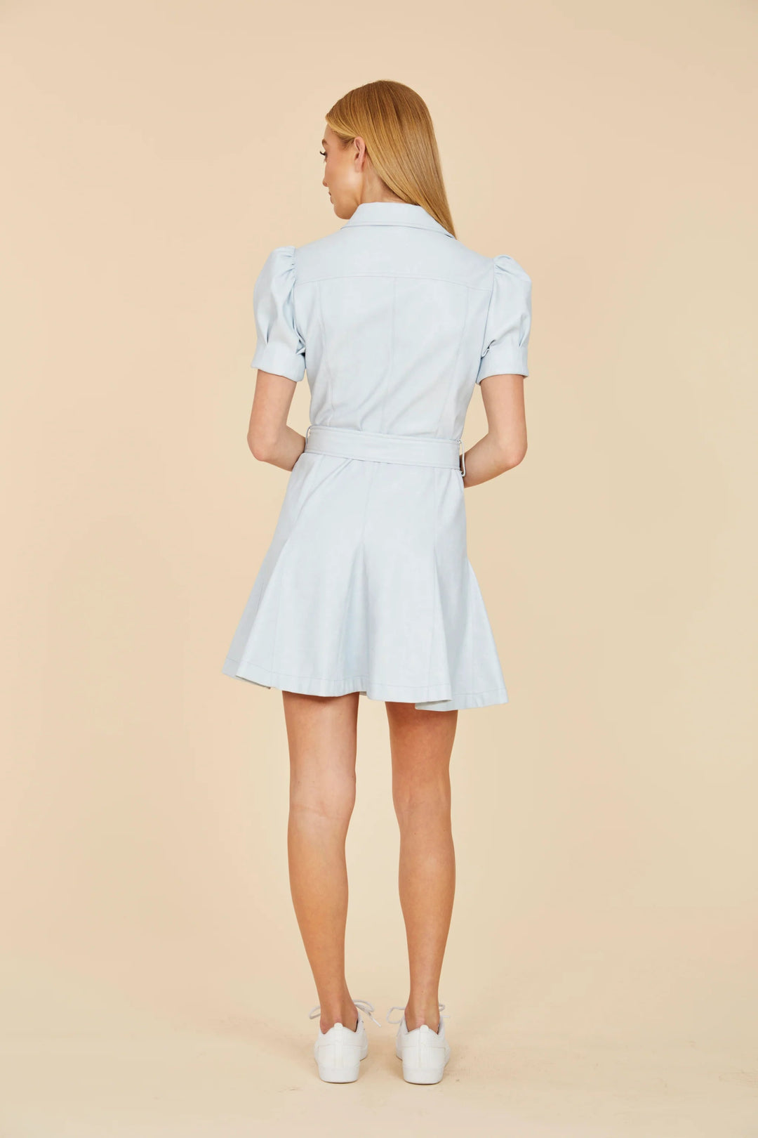 Faux Leather Puff Sleeve Shirt Dress - Lush Lemon - Women's Clothing - Dolce Cabo - 840316075961