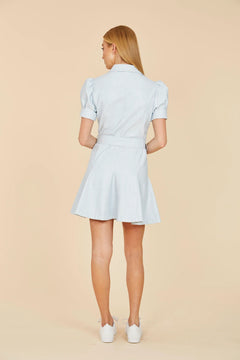 Faux Leather Puff Sleeve Shirt Dress - Lush Lemon - Women&