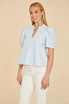 Faux Leather Puff Sleeve Top W/Split Neckline - Lush Lemon - Women&