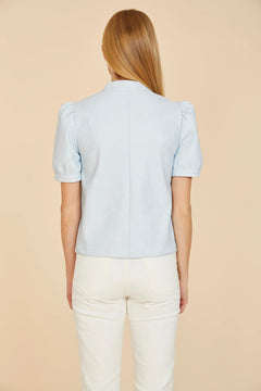 Faux Leather Puff Sleeve Top W/Split Neckline - Lush Lemon - Women&